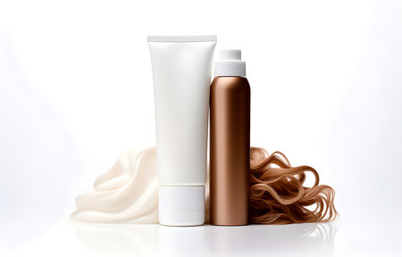 shampoo bottle and light brown one long wavy lock of hair isolated on a white backgroundの素材