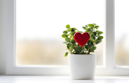 Heart shape plant on white wooden table over blurred white window backgroundの素材