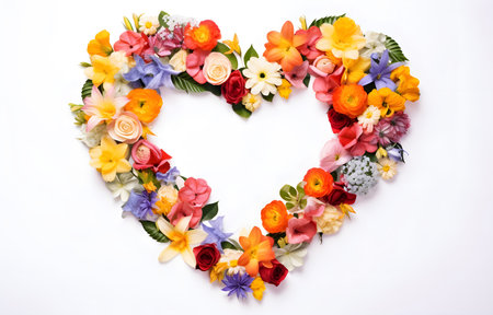 Creative layout with colorful flowers, leaves and heart shape isolated on a white background top viewの素材