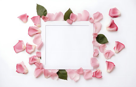 Creative layout with rose, leaves and heart shape frame paper card on the top isolated on a white background top viewの素材