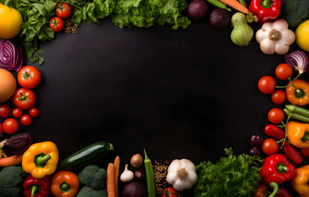 Fresh raw vegetables with black beans on a black chalkboard top viewの素材