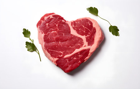 marbled beef steak like heart shape and rosemary hearb isolated on white backgroundの素材