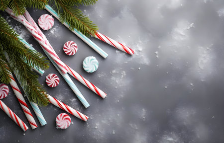 colorful pastel striped canes and Christmas tree branch on grey snowy background top viewの素材