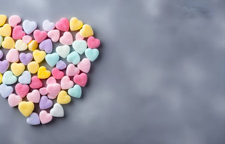 colorful pastel heart shape candies on grey snowy background top viewの素材