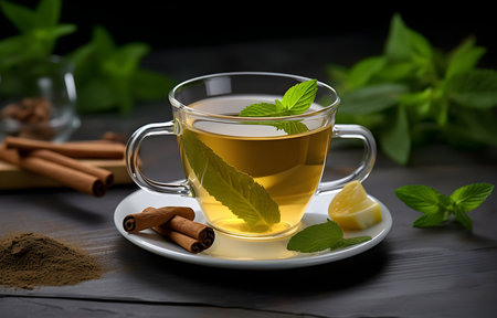 green tea cup, mint herb, cinamon, vanilla on grey snowy background top viewの素材