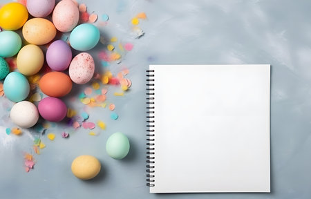 openned empty notebook and colorful pastel Easter eggs on grey snowy background top viewの素材
