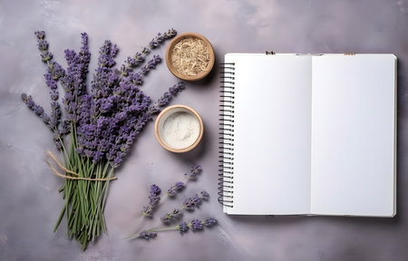 lavender herbs and empty notebook on grey snowy background top viewの素材