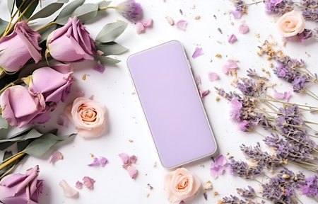 lilac pastel dried rose bud, herbs and leaves and phone on white wooden table background top viewの素材