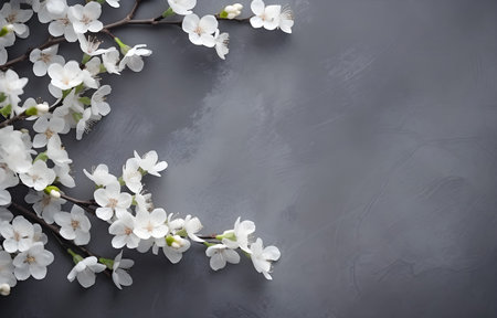 jasmine blossom branches on grey snowy background top viewの素材