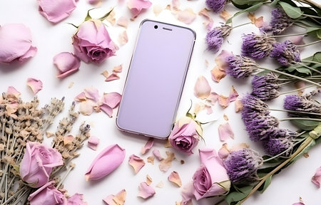 lilac pastel dried rose bud, herbs and leaves and phone on white wooden table background top viewの素材