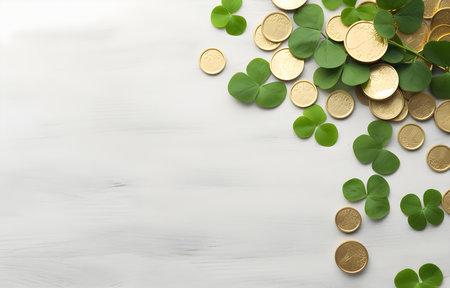 green clover leaves and gold coins on grey snowy background top viewの素材