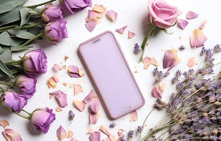 lilac pastel dried rose bud, herbs and leaves and phone on white wooden table background top viewの素材