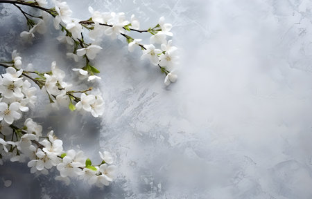 jasmine blossom branches on grey snowy background top viewの素材
