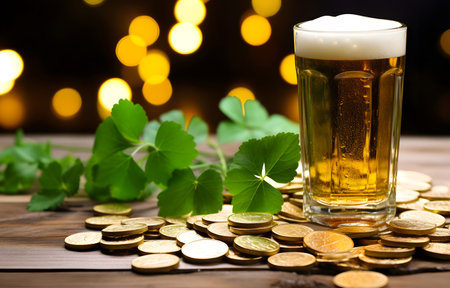 glass of beer, clover leaves and golden coins on white wooden table and white bokeh backgroundの素材