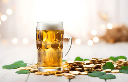 glass of beer, clover leaves and golden coins on white wooden table and white bokeh backgroundの素材