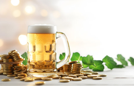 glass of beer, clover leaves and golden coins on white wooden table and white bokeh backgroundの素材