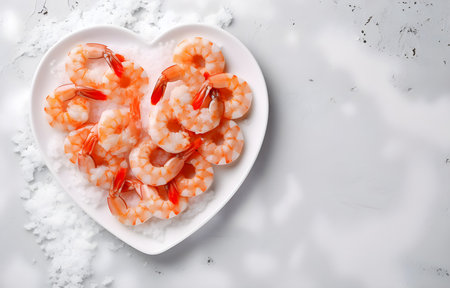 shrimps heart shape on grey snowy background top viewの素材