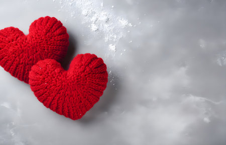 two red rope heart shapes on grey snowy background top viewの素材