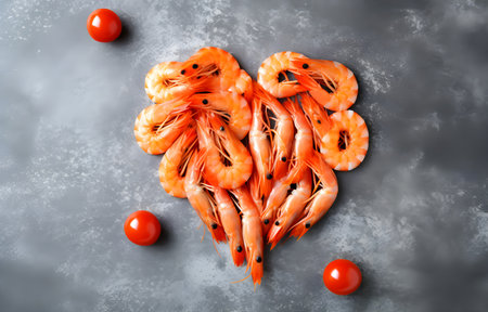 shrimps heart shape on grey snowy background top viewの素材