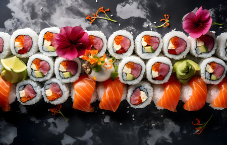 set of sushi on grey snowy background top viewの素材