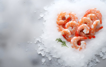 shrimps heart shape on grey snowy background top viewの素材