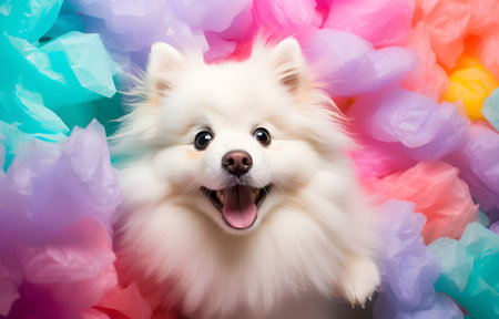 Lovely fluffy dog climbs out of hole in colored pastel backgroundの素材