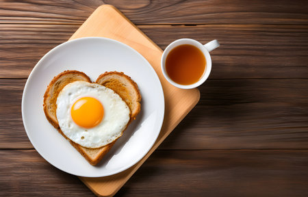 toast bread heart shape filled with fried egg on plate and coffee cup on white wooden table top viewの素材