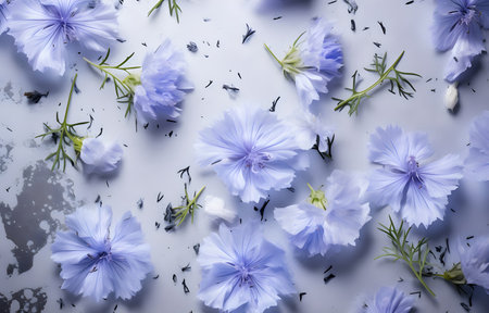 chicory flowers and herbs on grey snowy background top viewの素材