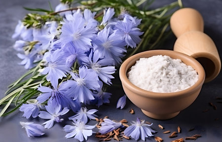 chicory flowers and herbs and chicory cup on grey snowy background top viewの素材