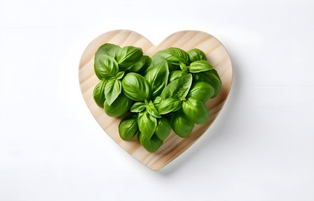 basil leaf heart shape on white plate on white wooden table background top viewの素材