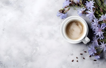chicory flowers and herbs and coffee cup on grey snowy background top viewの素材