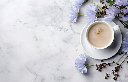 chicory flowers and herbs and coffee cup on grey snowy background top viewの素材