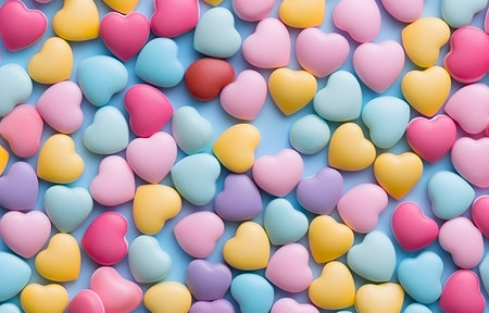 background of colorful pastel candies heart shape top viewの素材