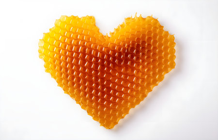 honeycomb heart shape with liquid honey on white plate isolated on white background top viewの素材