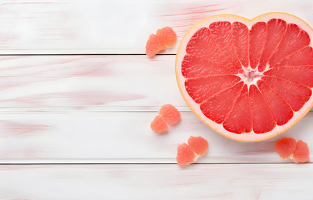grapefruit fruit slice heart shape on white wooden table top viewの素材