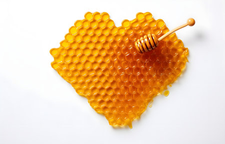 honeycomb heart shape with liquid honey on white plate isolated on white background top viewの素材