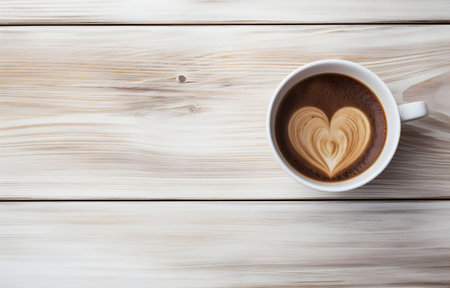 heart shape coffee cup on white wooden table top viewの素材