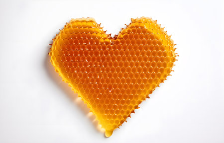 honeycomb heart shape with liquid honey on white plate isolated on white background top viewの素材