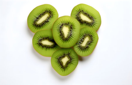 juicy kiwi fruit heart shape isolated on white background top viewの素材