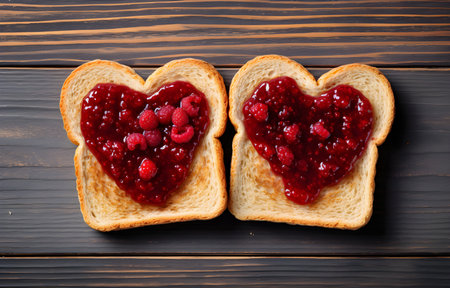 Two pieces of toast bread stacked in a sandwich, inside of it cut heart filled with raspberry jam on white wooden table top viewの素材