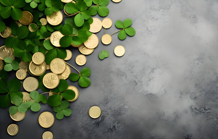 green clover leaves and gold coins on grey snowy background top viewの素材