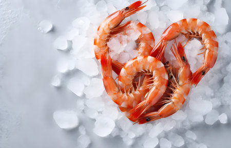 shrimps heart shape on grey snowy background top viewの素材
