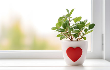 Heart shape plant on white wooden table over blurred white window backgroundの素材