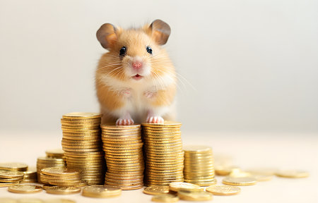 hamster and stack of golden coins on white wooden table over white backgroundの素材