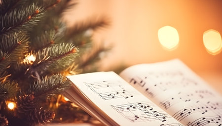 Fir tree branch and festive decor on music sheets, bokeh effectの素材