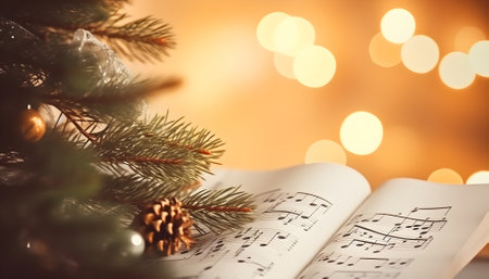 Fir tree branch and festive decor on music sheets, bokeh effectの素材