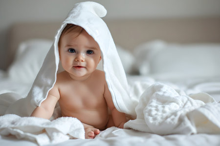 baby child in towel sitting on the white bed over white room background soft lightの素材