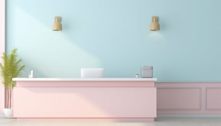 white reception desk in a clinic with light colorful walls soft light for healthcare medical card designの素材
