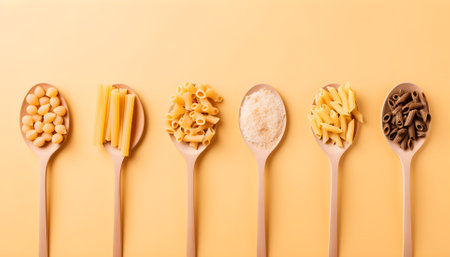 Different types of pasta in spoons on pastel beige background top view copy space for textの素材