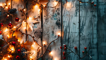 Christmas lights on white wooden table background top view daylightの素材